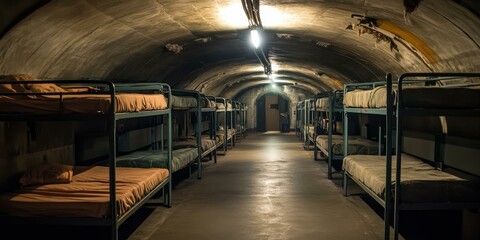Bunk beds in a dimly lit tunnel.