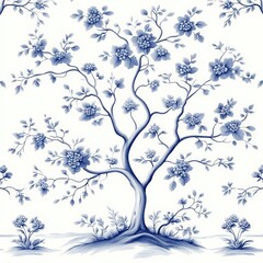 Serene Toile de Jouy Pattern of Rural French Countryside Living with Flourishing Tree Blossoms