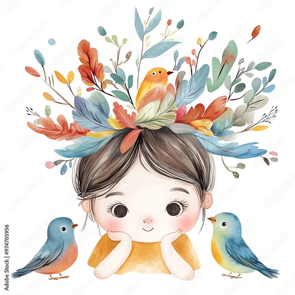 Sticker Watercolor Illustration of a Cute Girl with Birds and Flowers.