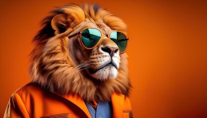 Fototapeta premium Stylish Lion in Orange Blazer and Aviator Sunglasses Against Bold Orange Background, Exuding Confidence and Modern Sophistication, Perfect for Fashion, Leadership, or Corporate Branding Concepts