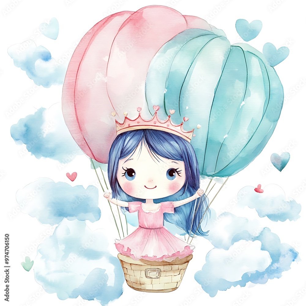 Wall mural Watercolor Illustration of a Little Princess in a Hot Air Balloon.