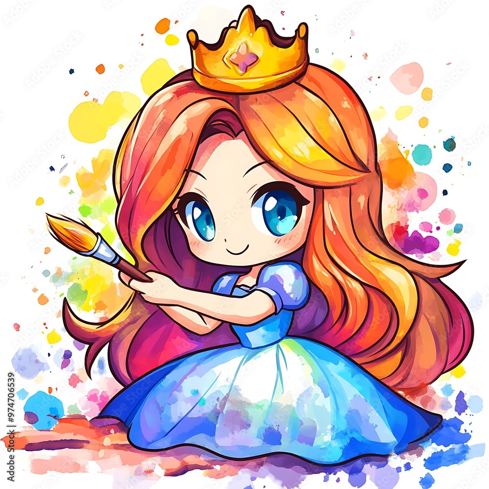 Sticker Cute Cartoon Princess Artist with Watercolor Splashes.