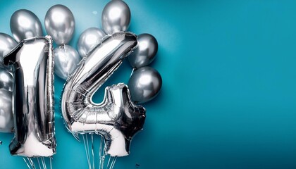 Banner with number 14 silver balloons with copy space
