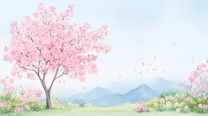 A serene landscape featuring a blooming pink tree against soft mountains and a gentle sky, ideal for tranquil settings.