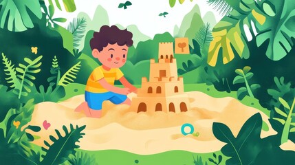 Child Building a Sandcastle in a Lush Forest