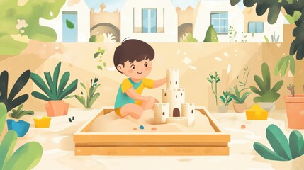 Obraz premium Boy Building a Sandcastle in a Backyard