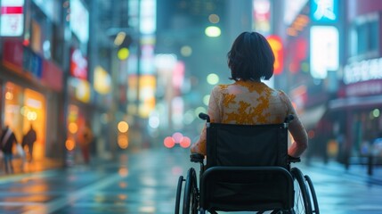 Obraz premium A woman in a wheelchair is sitting on the sidewalk in a city