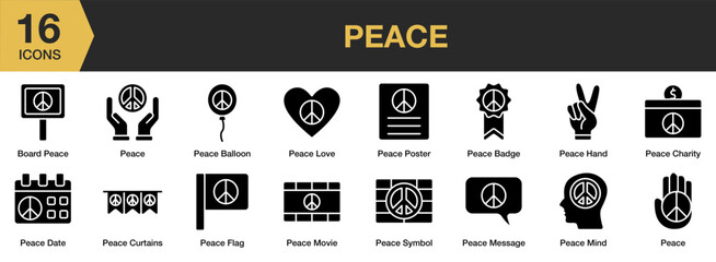 Peace solid icon set. Includes love, message, mind, movie, poster, symbol, peace, and More. Solid icons vector collection.