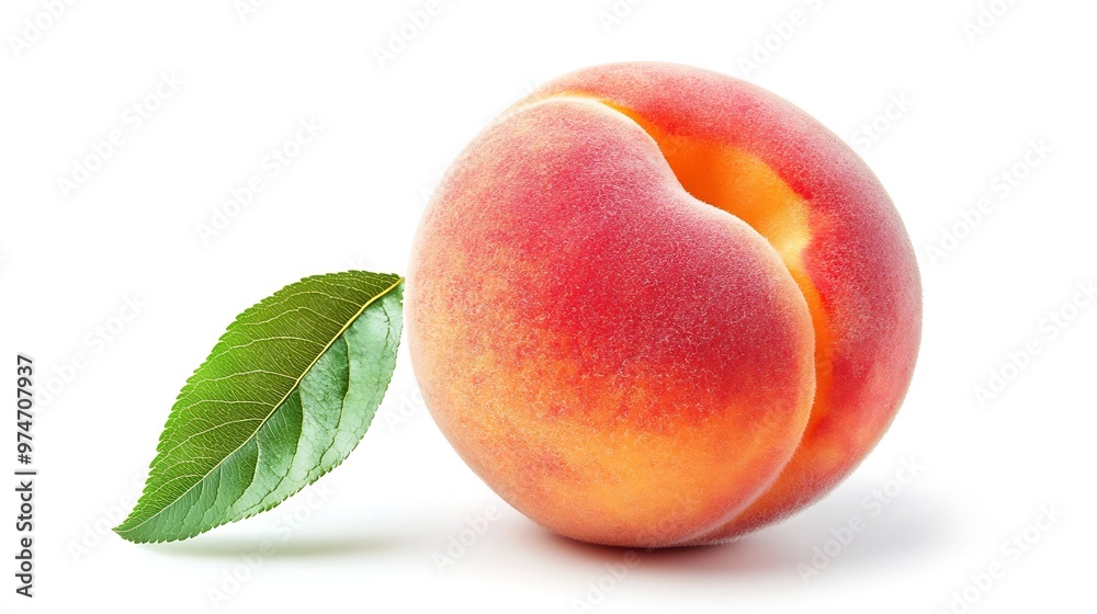 Poster ripe peach fruit with leaf isolated on white background clipping path full depth of field : generati