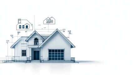 Modern Residential Home Design Plan with Floating Real Estate Icons for Digital Marketing Agency Website