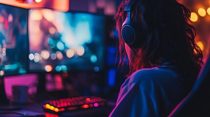 Obraz premium A person gaming in a dimly lit room with colorful lights and multiple monitors.