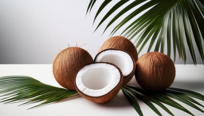 Fresh Tropical Coconut Split in Half with a Natural Coconut Husk on a White Surface, Highlighted by Soft Lighting and a Palm Leaf in the Background, Showcasing Smooth White Flesh and Rough Outer Shell