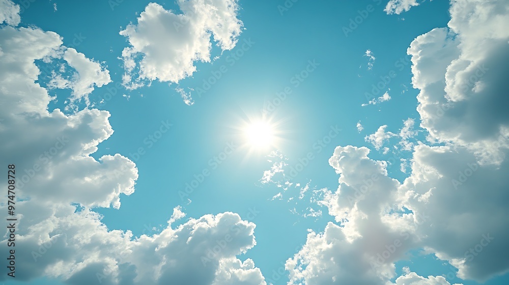 Aufkleber bottom up view of blue sky with shining sun white fluffy clouds on a blue sky in spring season : gen