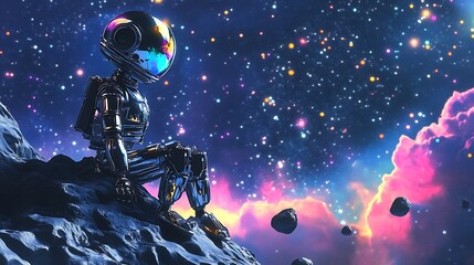 Fototapeta premium Robotic Explorer amidst Colorful Asteroid Belt in Cartoon Realism Style, with Futuristic Spacecraft and Distant Galaxies
