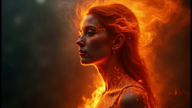 Mysterious fire elemental woman, fire and smoke