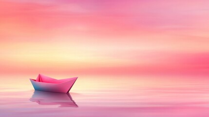 Obraz premium A paper boat floating in the water with pink sky, AI