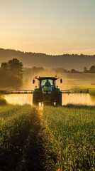 Fototapeta premium Golden Hour Irrigation: A green tractor diligently waters crops, creating a mesmerizing mist against the backdrop of a vibrant sunset.