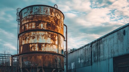 A rusted industrial tank stands against a cloudy sky, showcasing decay and neglect.