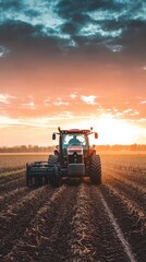 Fototapeta premium A Powerful Tractor Cultivates the Land at Sunset, Leaving a Trail of Hope in its Wake.