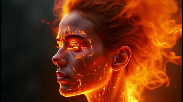 Mysterious fire elemental woman, fire and smoke