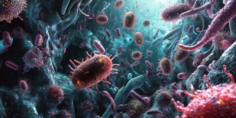 Obraz premium Microscopic view of various bacteria and viruses.