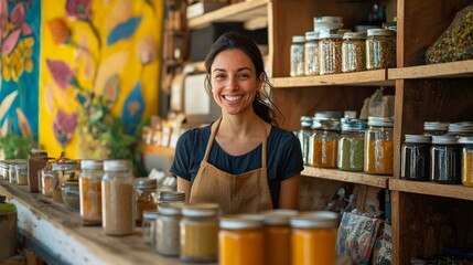 Fototapeta premium woman is smiling behind the counter on the side of her organic shop