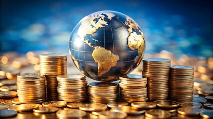 Global Finance Theme, Globe resting on coins ,Represents money and wealth concepts background
