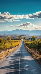 Fototapeta premium A picturesque road winding through a sprawling vineyard under a bright blue sky with fluffy white clouds.