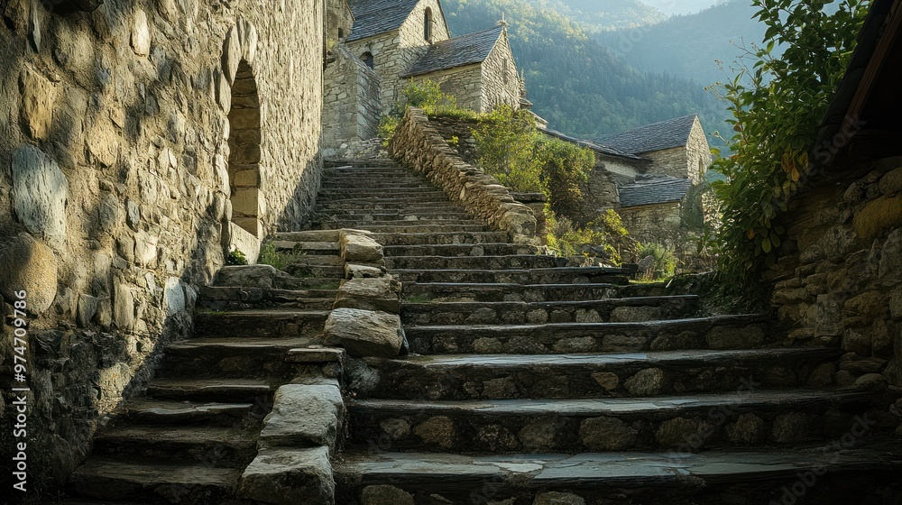 Canvas Prints A serene stone pathway leading to rustic buildings in a mountainous landscape.