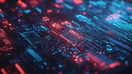 Obraz premium Abstract Futuristic Circuit Board with Red and Blue Glowing Lights