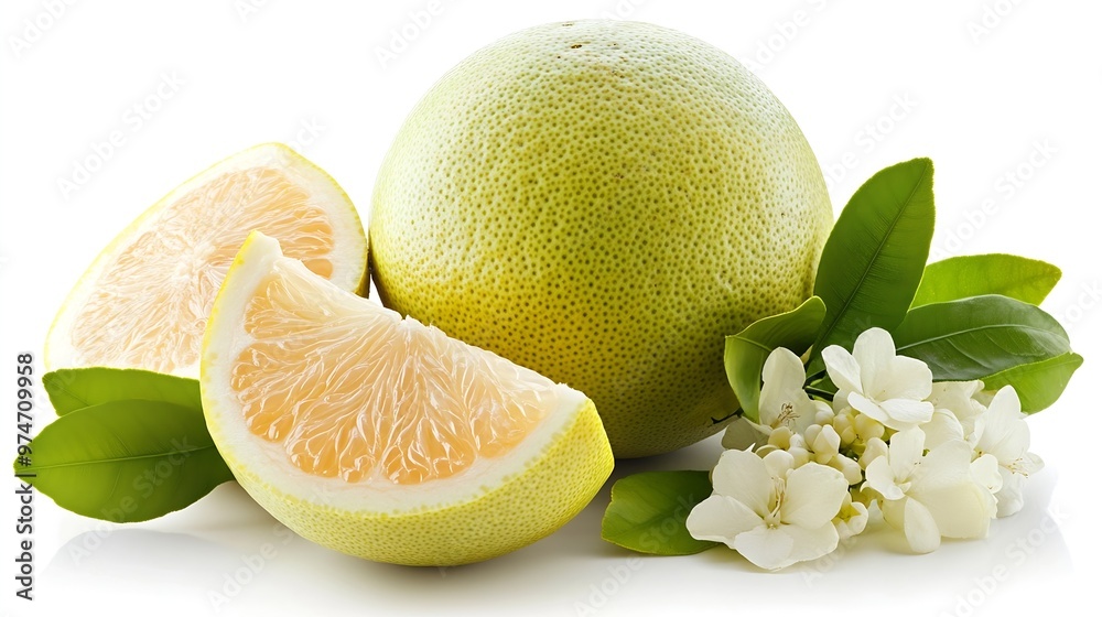 Poster Isolated pomelo citrus fruit One whole pomelo and a peeled segment with leaves and flowers isolated on white background with clipping path : Generative AI