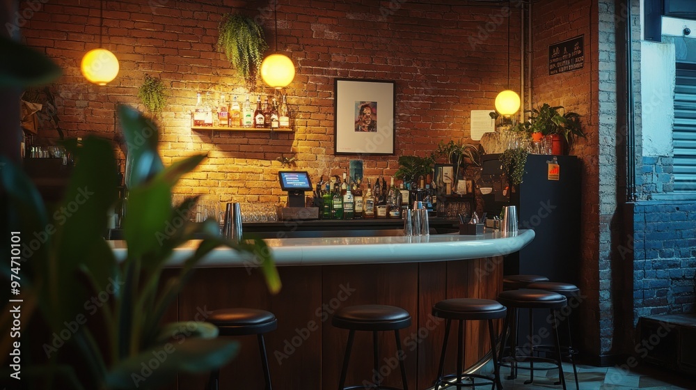 Wall mural Cozy bar interior with warm lighting and plants, perfect for relaxation and socializing.