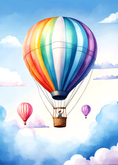 Naklejka premium Hot Air Balloon Ride in blue sky white clouds background for wide banner of travel agency or adventure tour. Romance of ballooning in a good weather. Hot air balloons flies in blue sky. Copy space