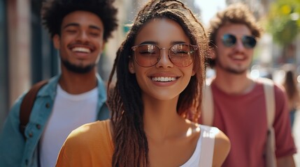 Fototapeta premium Multiethnic friends having fun walking on city street Group of young people enjoying summer vacation together Friendship concept with guys and girls hanging outside on a sunny day : Generative AI