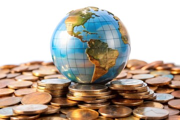 Global Finance Theme, Globe resting on coins ,Represents money and wealth concepts background
