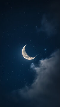 Crescent Moon and Stars in a Clear Night Sky, Cloudy Horizon