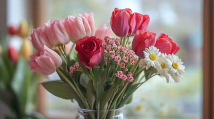 flowers bouquet roses daisies tulips vase gift aesthetics : Generative AI