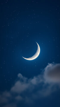 Crescent Moon Shining Through Clouds, Clear Starry Night