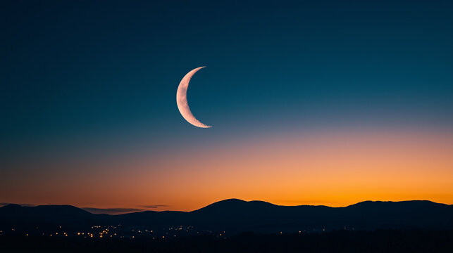 Crescent Moon Over Hills at Dusk, Starry Sky and City Lights