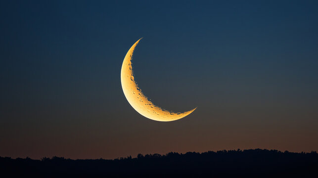 Bright Crescent Moon Over Dark Horizon, Minimalist Night Sky