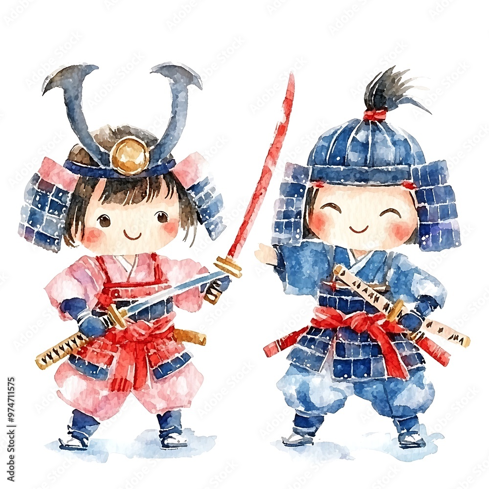 Sticker Watercolor Illustration of Two Adorable Kids Dressed as Samurai Warriors.