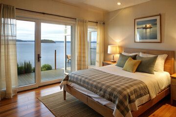 Charming Waterfront Bedroom, Relaxing Atmosphere with a Comfortable Bed, Natural Light, and Scenic Views of the Peaceful Landscape