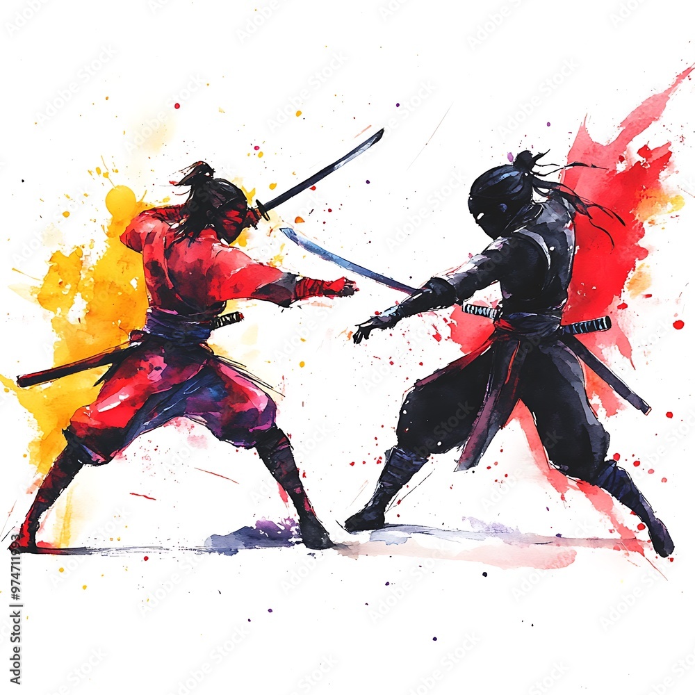 Canvas Prints Watercolor Painting of Two Samurai Warriors in Combat.