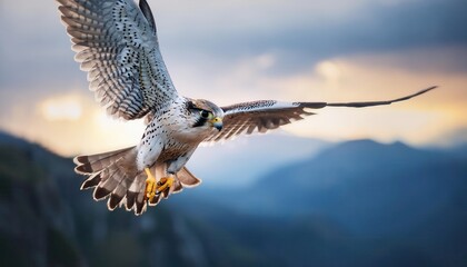 Fototapeta premium Majestic Peregrine Falcon Soaring Gracefully at Dawn, Illuminated by Golden Sunlight, Wings Outstretched in Flight over Mountainous Landscape, Capturing the Power and Freedom of Nature’s Fastest Bird