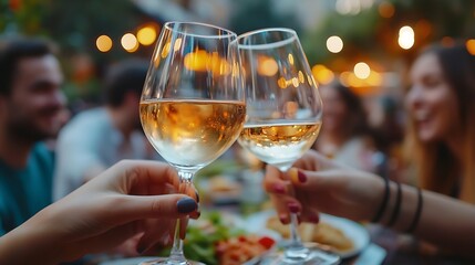 Trendy people having fun drinking white wine at street food event  Happy friends eating local meal plates at open air restaurant together  Food and beverage life style concept on bulb  : Generative AI © The Little Hut