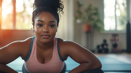 young plus size black woman doing sport fitness exercises at home alone in sportswear morning begins with gymnastics : Generative AI