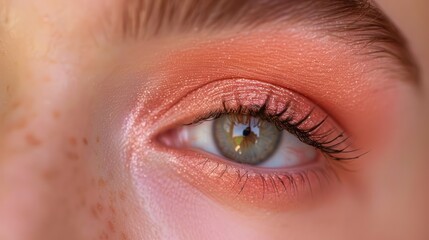 Obraz premium Close-Up of a Woman's Eye with Peachy Makeup