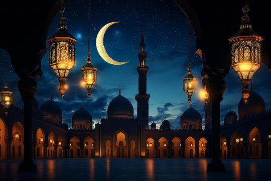 Islamic Lanterns and Crescent Moon at Night in Mosque Courtyard for Ramadan