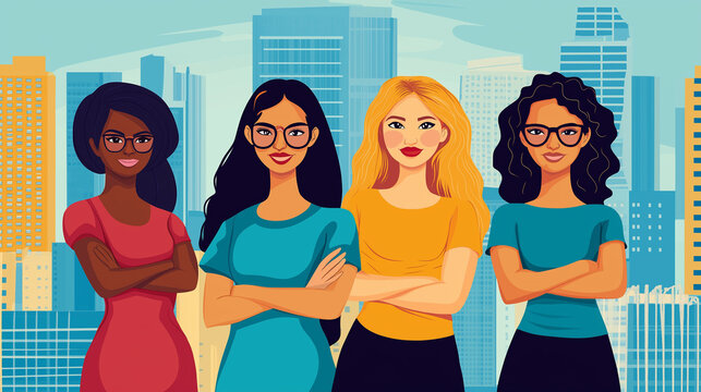Diverse Group of Women Standing Confidently in Illustrated Urban Cityscape
