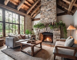 Cozy rustic living room interior with exposed wooden beams and natural stone fireplace